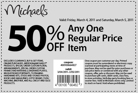Michaels: 50% off one regular price item printable coupon - Frugal Living NW