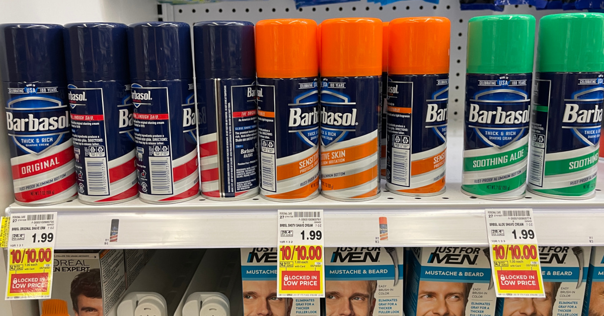 Barbasol shave cream on kroger shelf