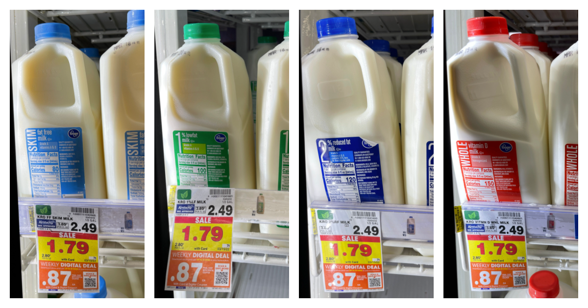 Kroger brand half gallon milk on Kroger shelf