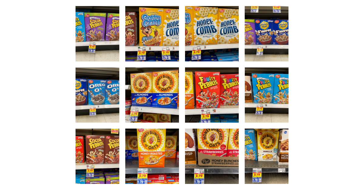Post brand cereals on kroger shelf