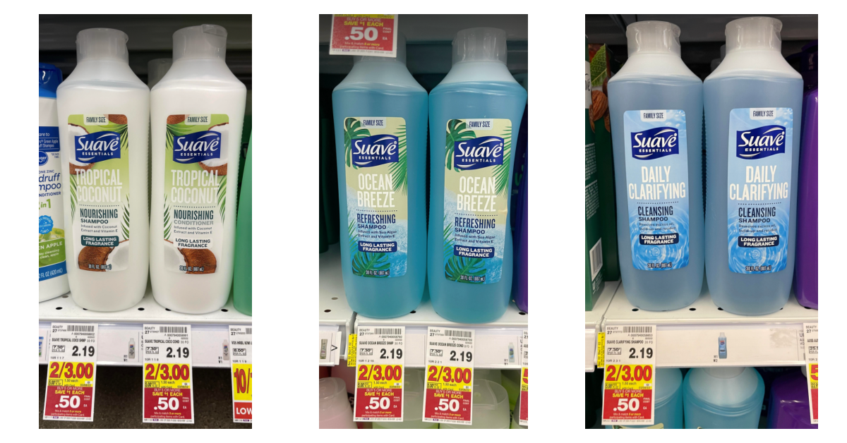 Suave Essentials Family Size Shampoo & Conditioner on Kroger Shelf