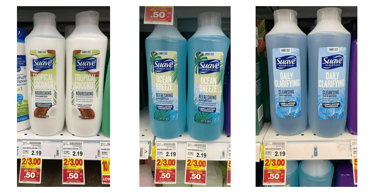 Suave Essentials Family Size Shampoo & Conditioner on Kroger Shelf
