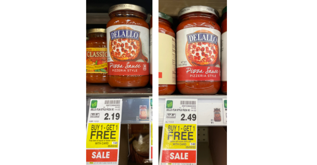 Delallo Pizza Sauce on Kroger shelf