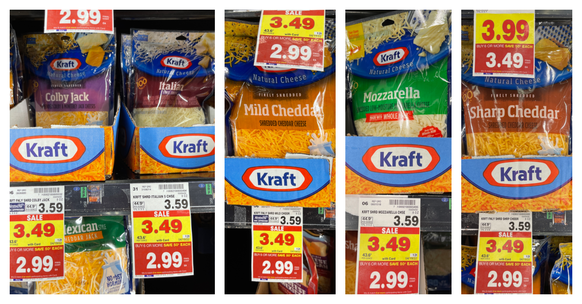 Kraft shredded cheeses on kroger shelf