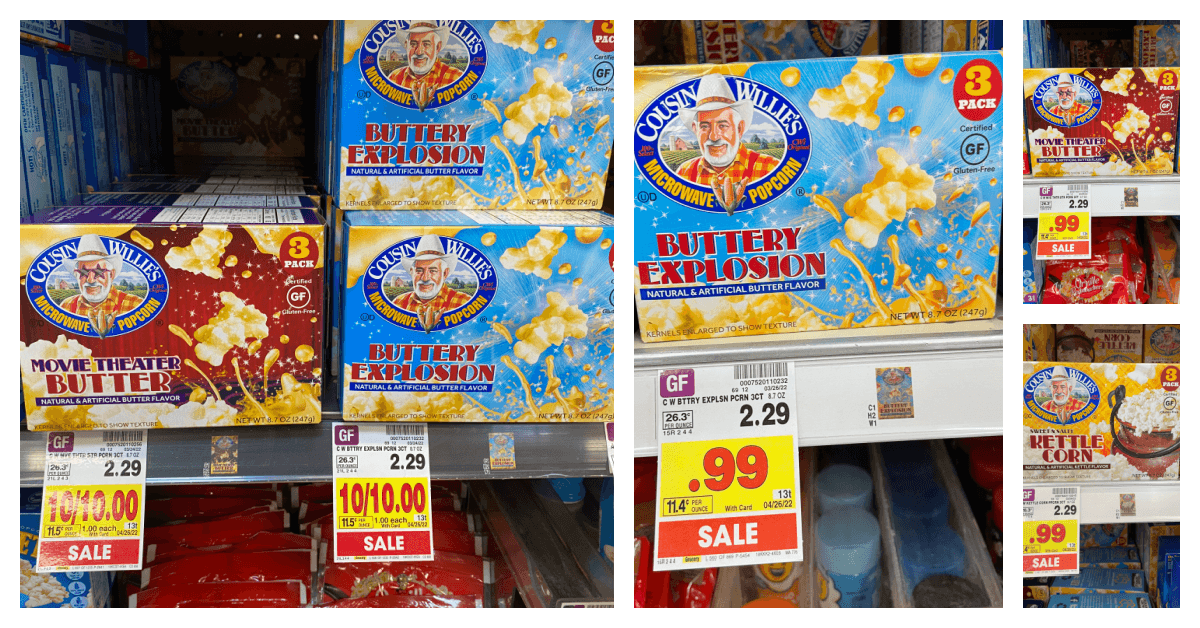cousin willies popcorn on kroger shelf
