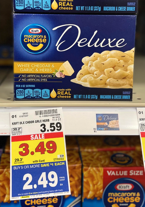 Kraft Deluxe Macaroni & Cheese Dinner on Kroger shelf