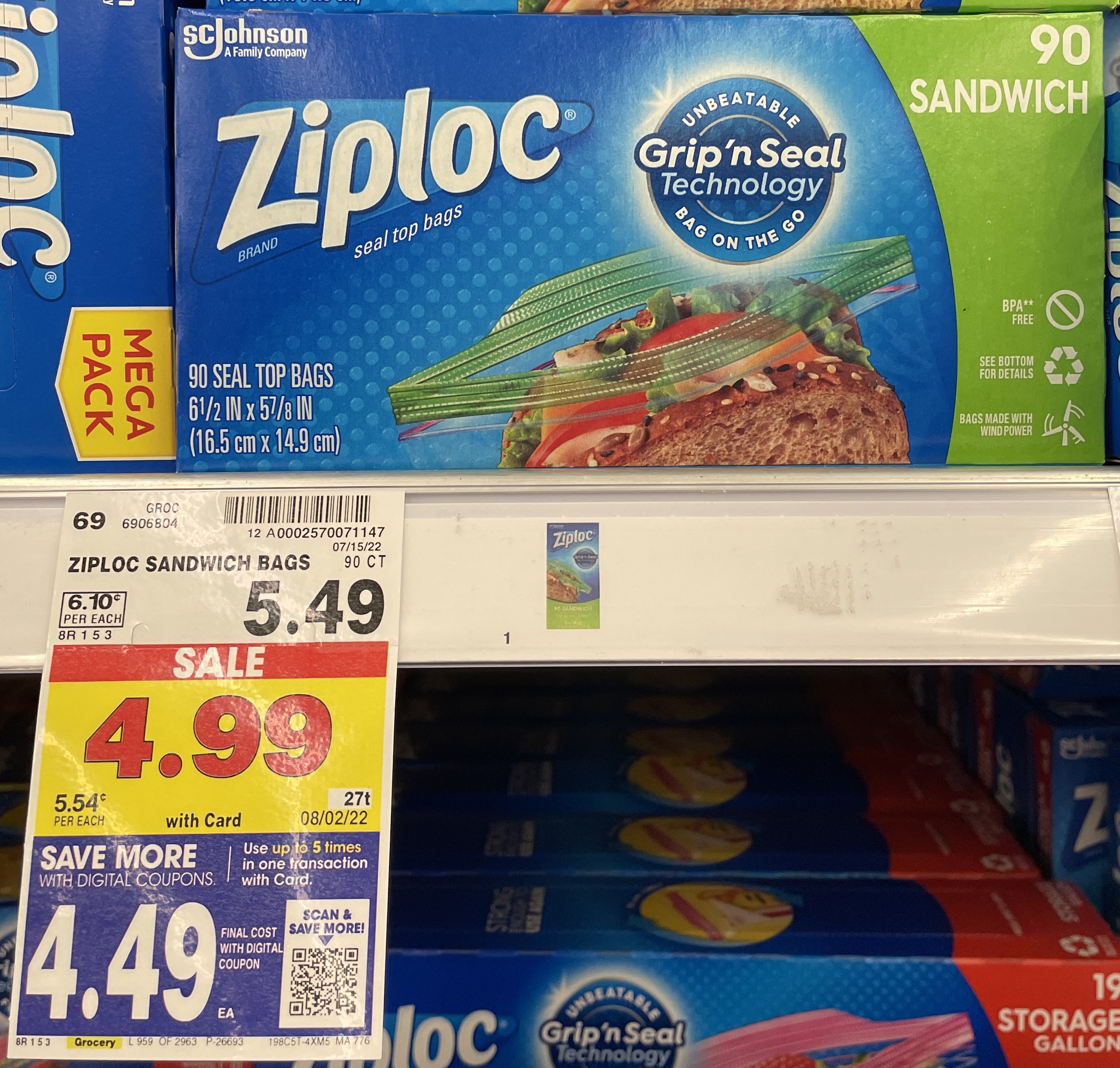 Ziploc Sandwich bag on Kroger Shelf