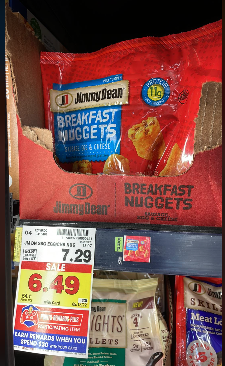Jimmy Dean Breakfast Nuggets on Kroger shelf