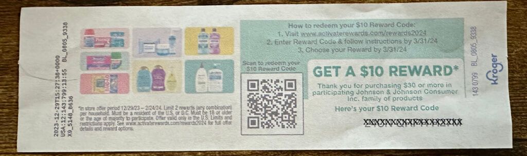 Reward Printout Kroger Johnson and Johnson