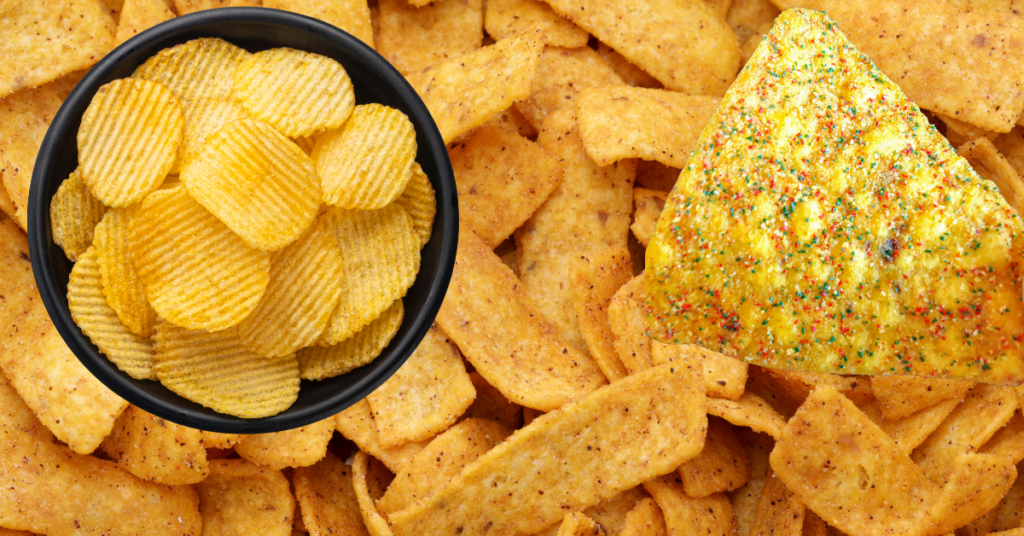 A bowl of chips next to a bowl of chips.