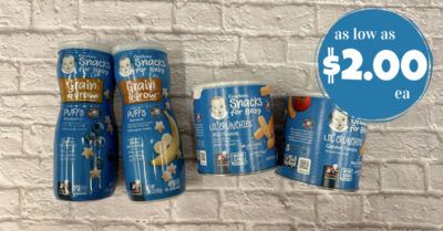 Gerber Baby Snacks on a white brick background