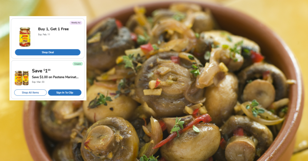Pastene Marinated Mushrooms kroger digital coupon