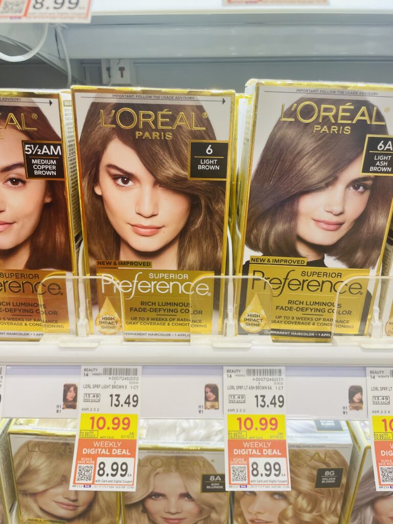 L'Oreal Paris Superior Preference Hair Color and Maybelline New York Sky High Mascara Kroger Shelf Image