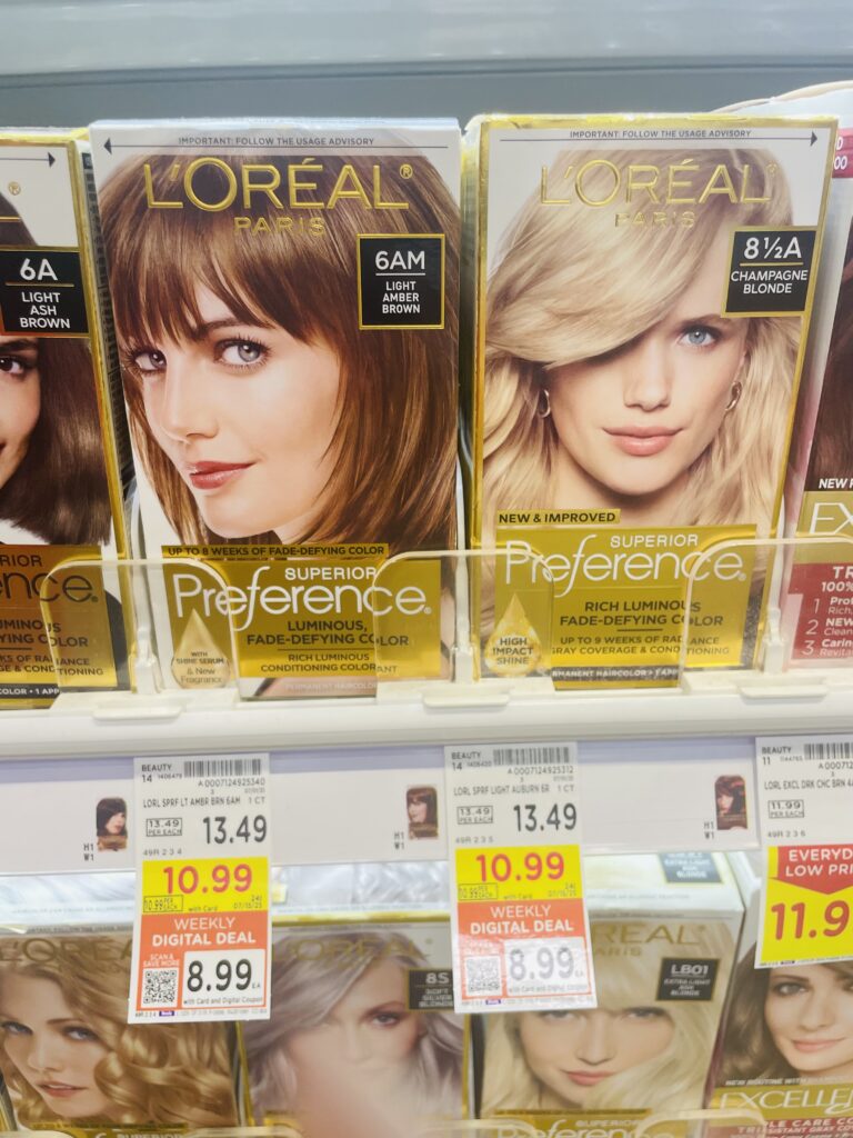 L'Oreal Paris Superior Preference Hair Color and Maybelline New York Sky High Mascara Kroger Shelf Image