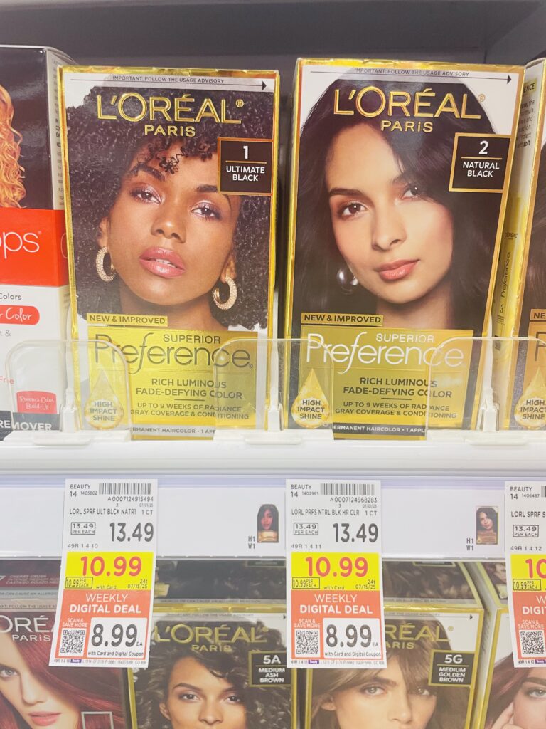 L'Oreal Paris Superior Preference Hair Color and Maybelline New York Sky High Mascara Kroger Shelf Image