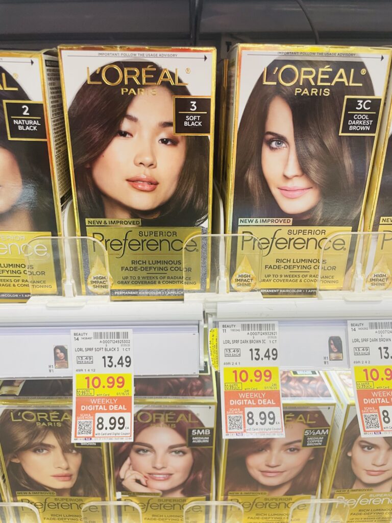 L'Oreal Paris Superior Preference Hair Color and Maybelline New York Sky High Mascara Kroger Shelf Image