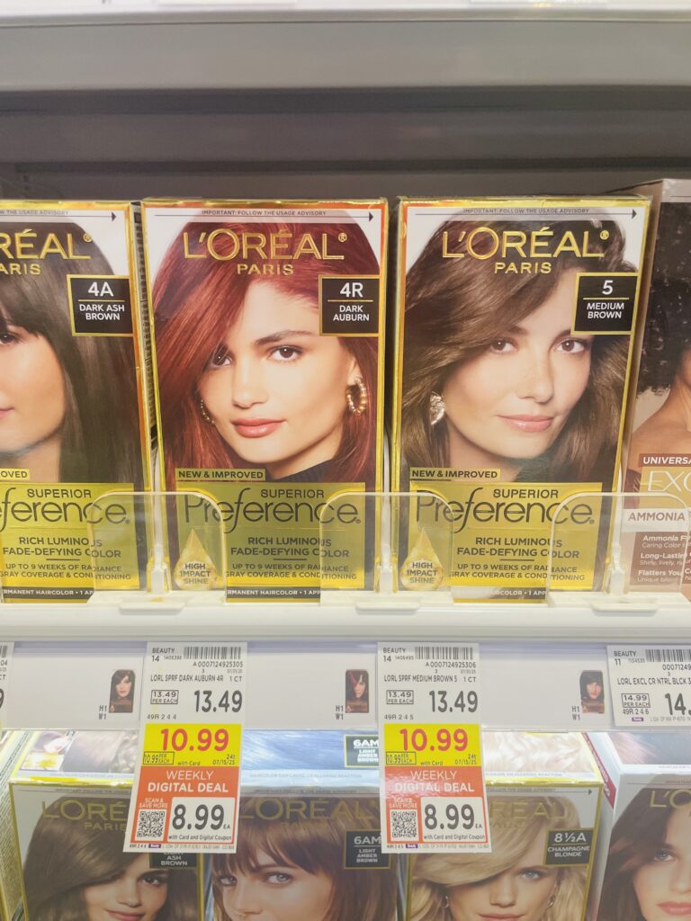 L'Oreal Paris Superior Preference Hair Color and Maybelline New York Sky High Mascara Kroger Shelf Image
