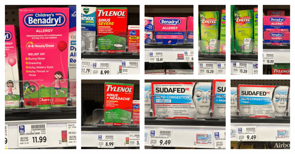 Benadryl Zyrtecv Tylenol and Sudafed Kroger Shelf Images