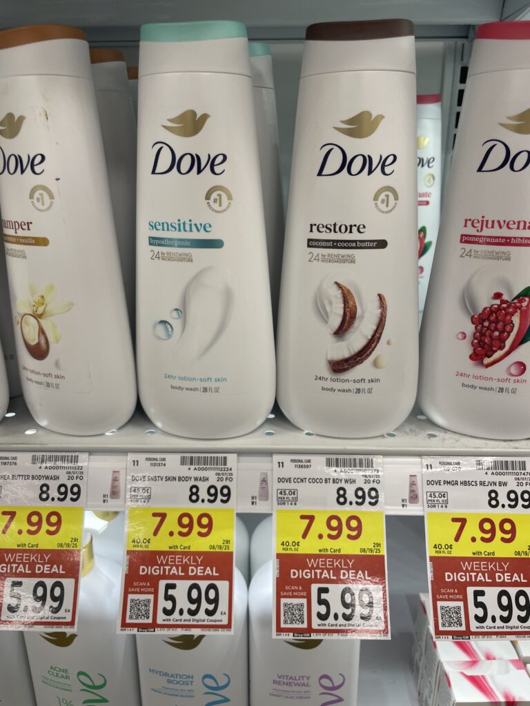 Dove Body Wash and Bar Soap Kroger Shelf Image