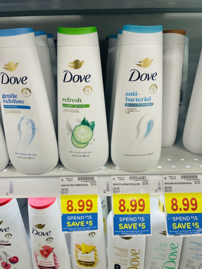 Dove Body Wash and Bar Soap Kroger Shelf Image