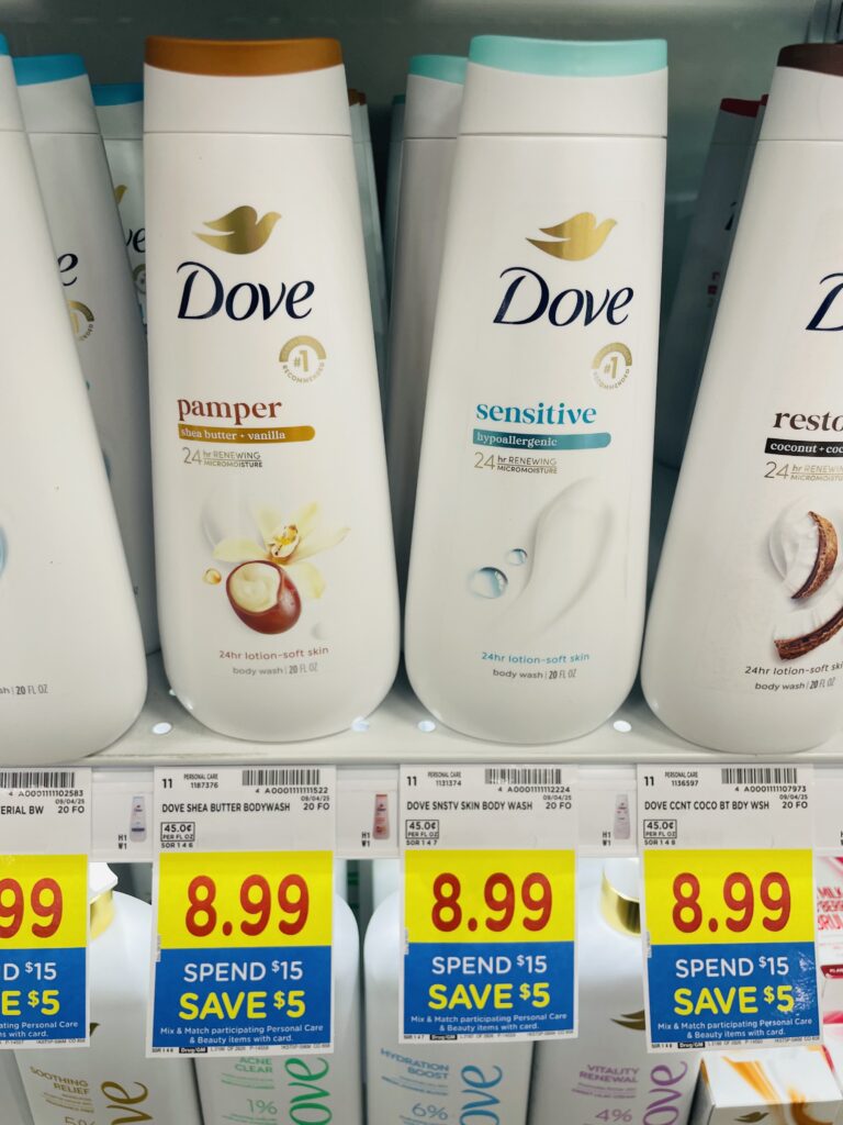 Dove Body Wash and Bar Soap Kroger Shelf Image