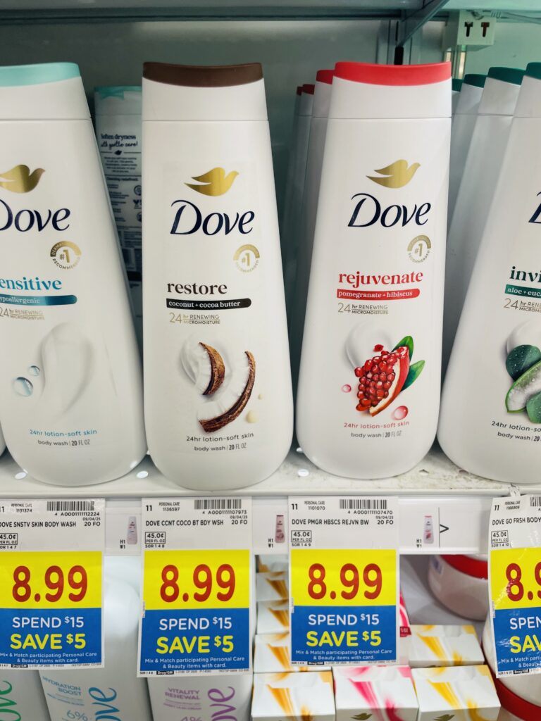 Dove Body Wash and Bar Soap Kroger Shelf Image