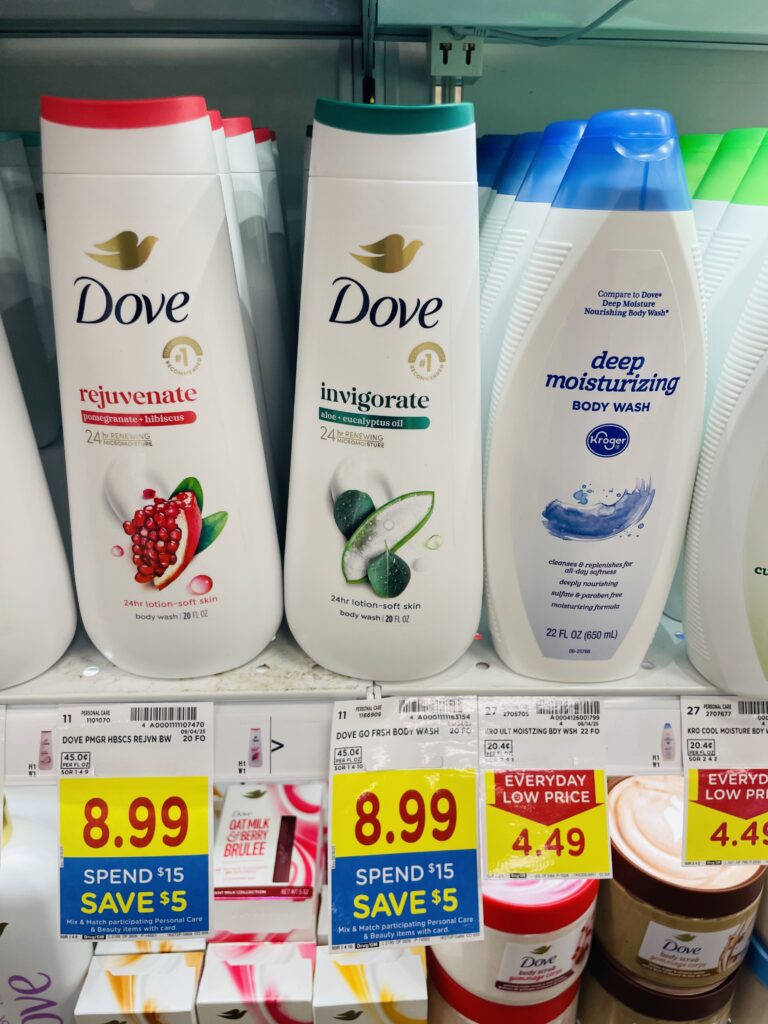 Dove Body Wash and Bar Soap Kroger Shelf Image