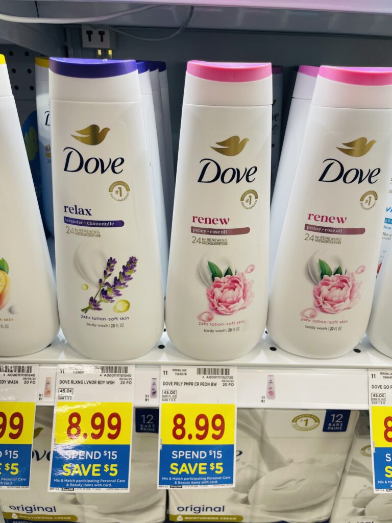 Dove Body Wash and Bar Soap Kroger Shelf Image