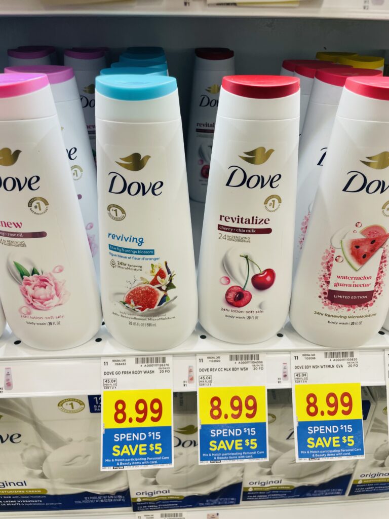 Dove Body Wash and Bar Soap Kroger Shelf Image