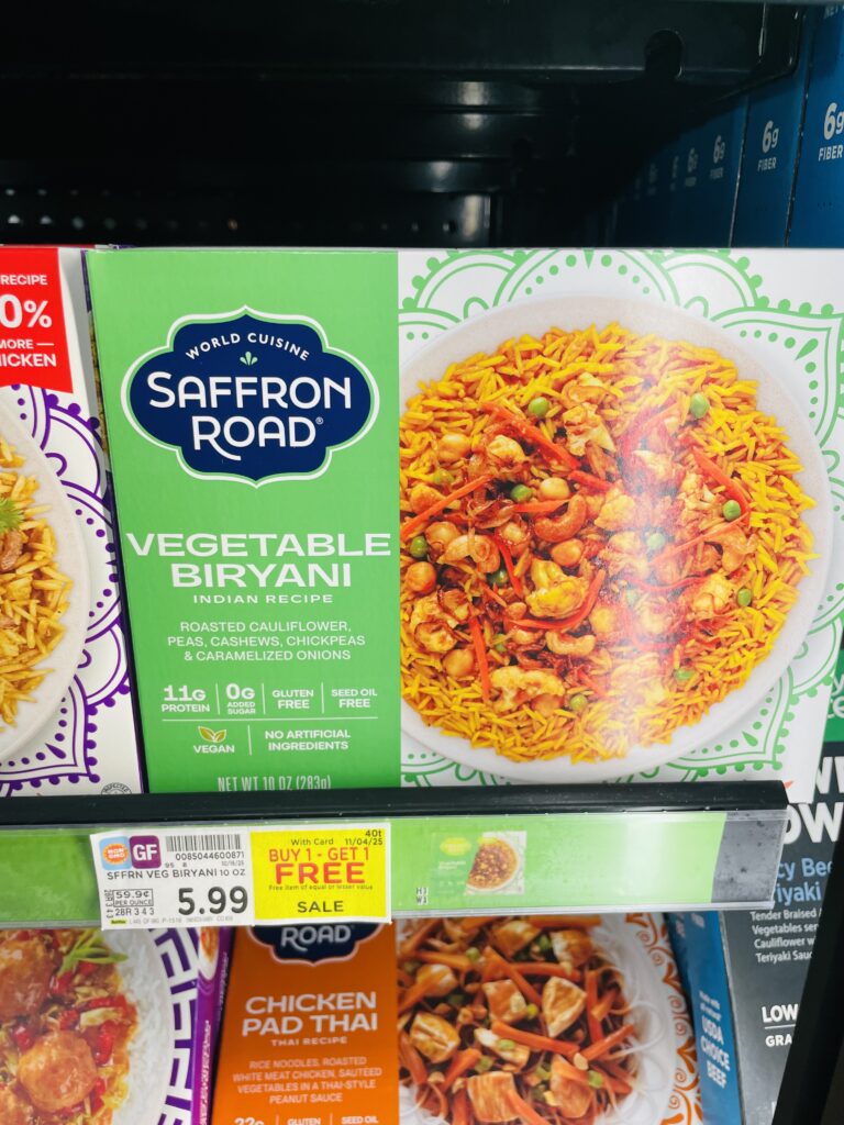Saffron Road Frozen Entree Kroger Shelf Image