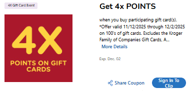 4x fuel points gift cards kroger