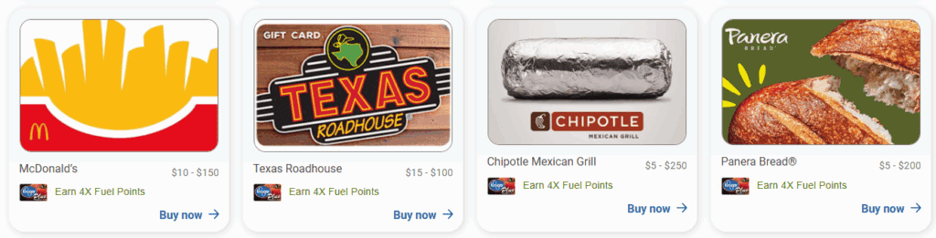 Kroger gift cards dining