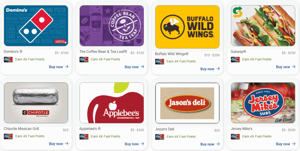 Kroger gift cards dining