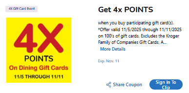 dining gift cards 4x fuel points