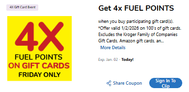 4x fuel points gift card kroger