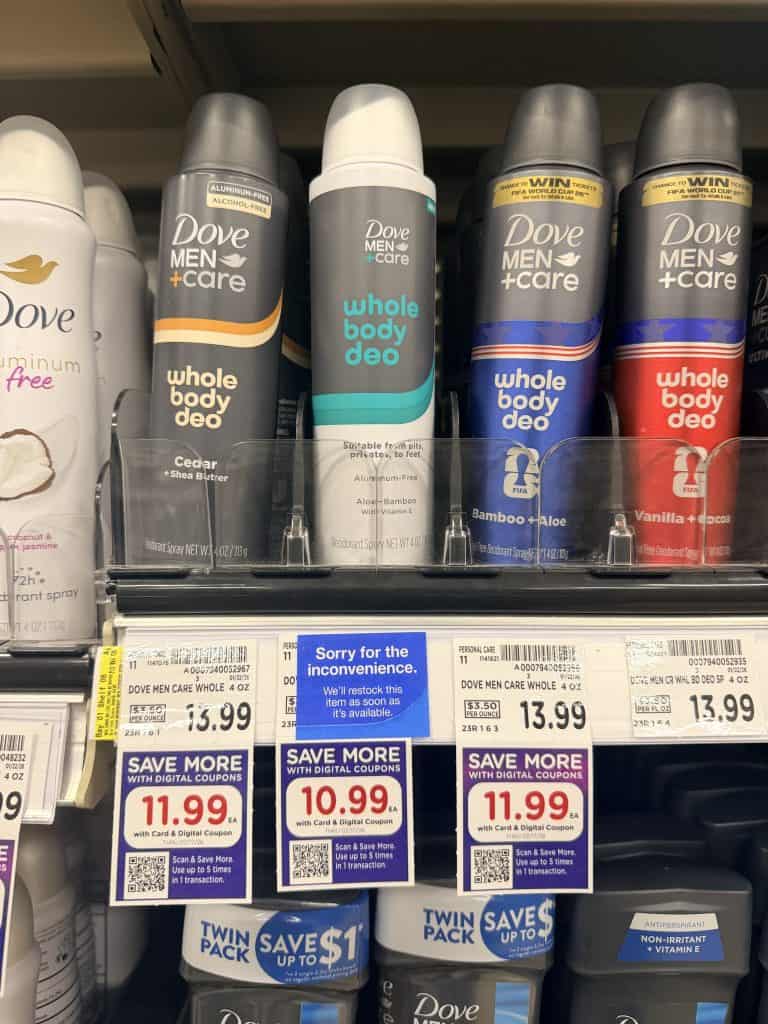 dove men whole body spray kroger shelf image