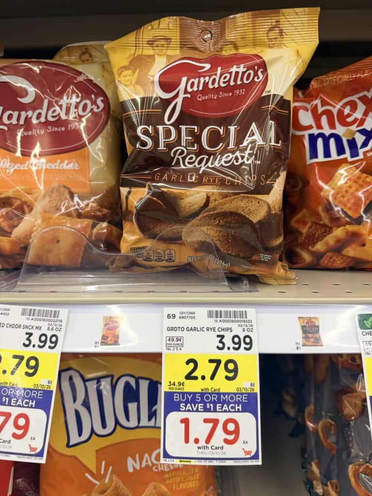 Chex mix, bugles gardetttos kroger shelf image