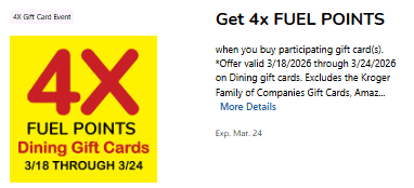 fuel points dining gift cards kroger