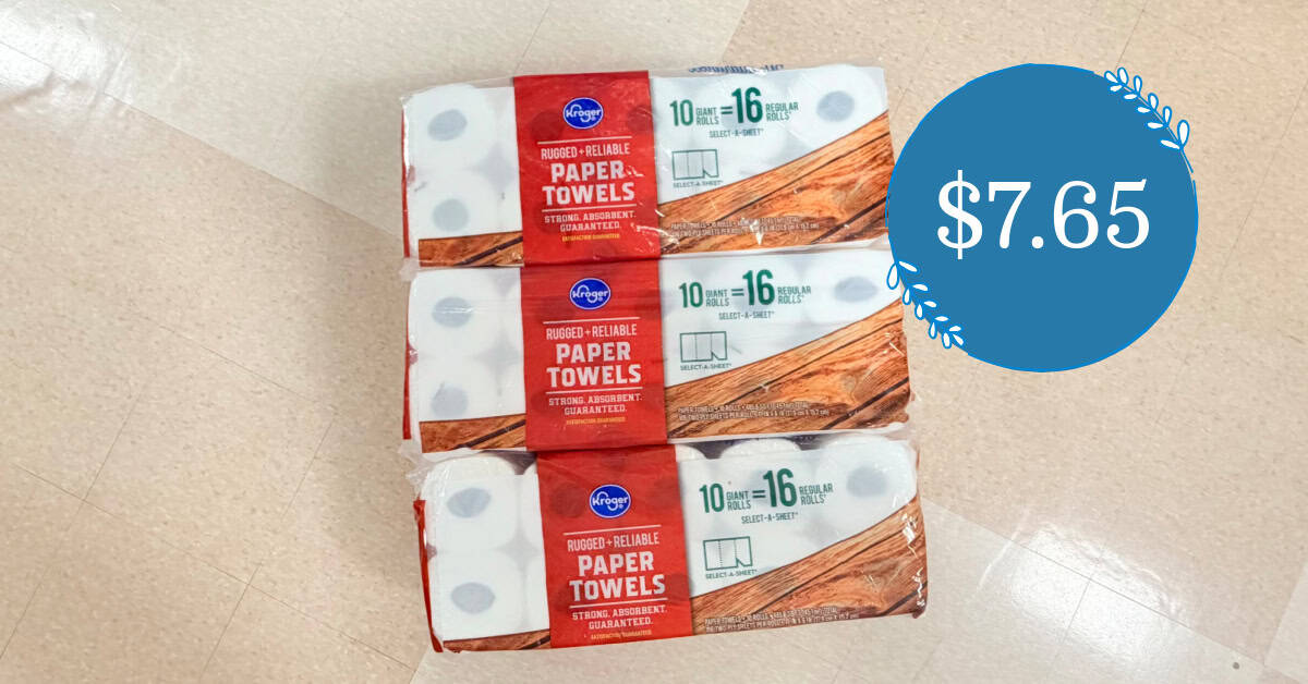 Kroger Rugged & Reliable Paper Towels (10 giant rolls) are as low as $7.65 (Reg $13.49)!