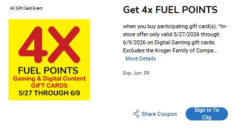 4x fuel points on gift cards kroger
