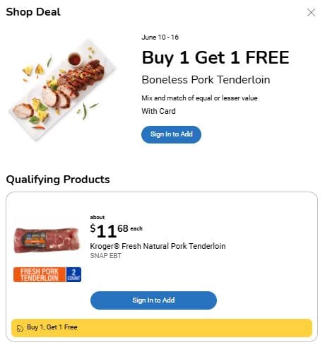Kroger Pork BOGO sale