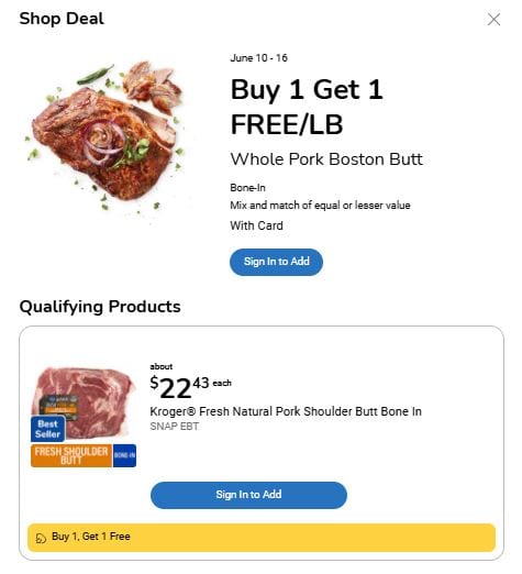 Kroger Pork BOGO sale