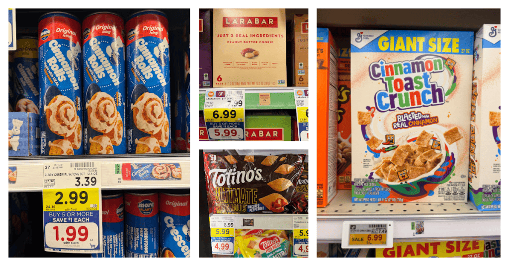 General Mills Pillsbury Cinnamon Rolls, Larabar, Totino's Ultimage and Giant Cinnamon Toast Crunch Shelf image kroger