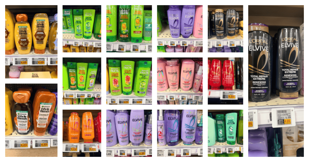 L'Oreal Paris Elvive, Garnier Whole Blends and Fructis Shampoo and Conditioner Kroger Shelf Images