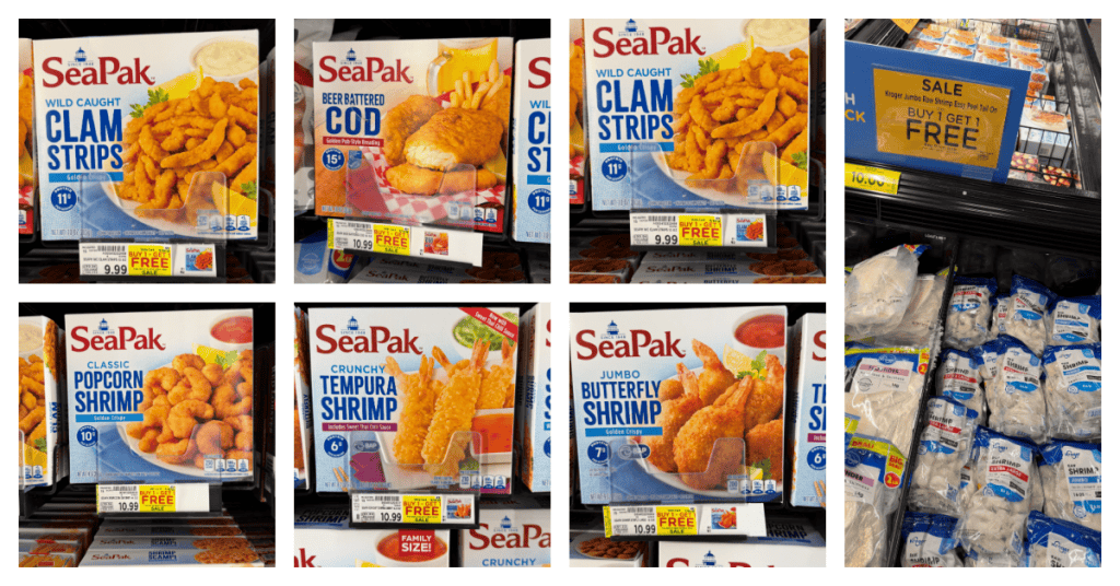 SeaPak Frozen and Kroger Jumbo Shrimp Kroger Shelf Image